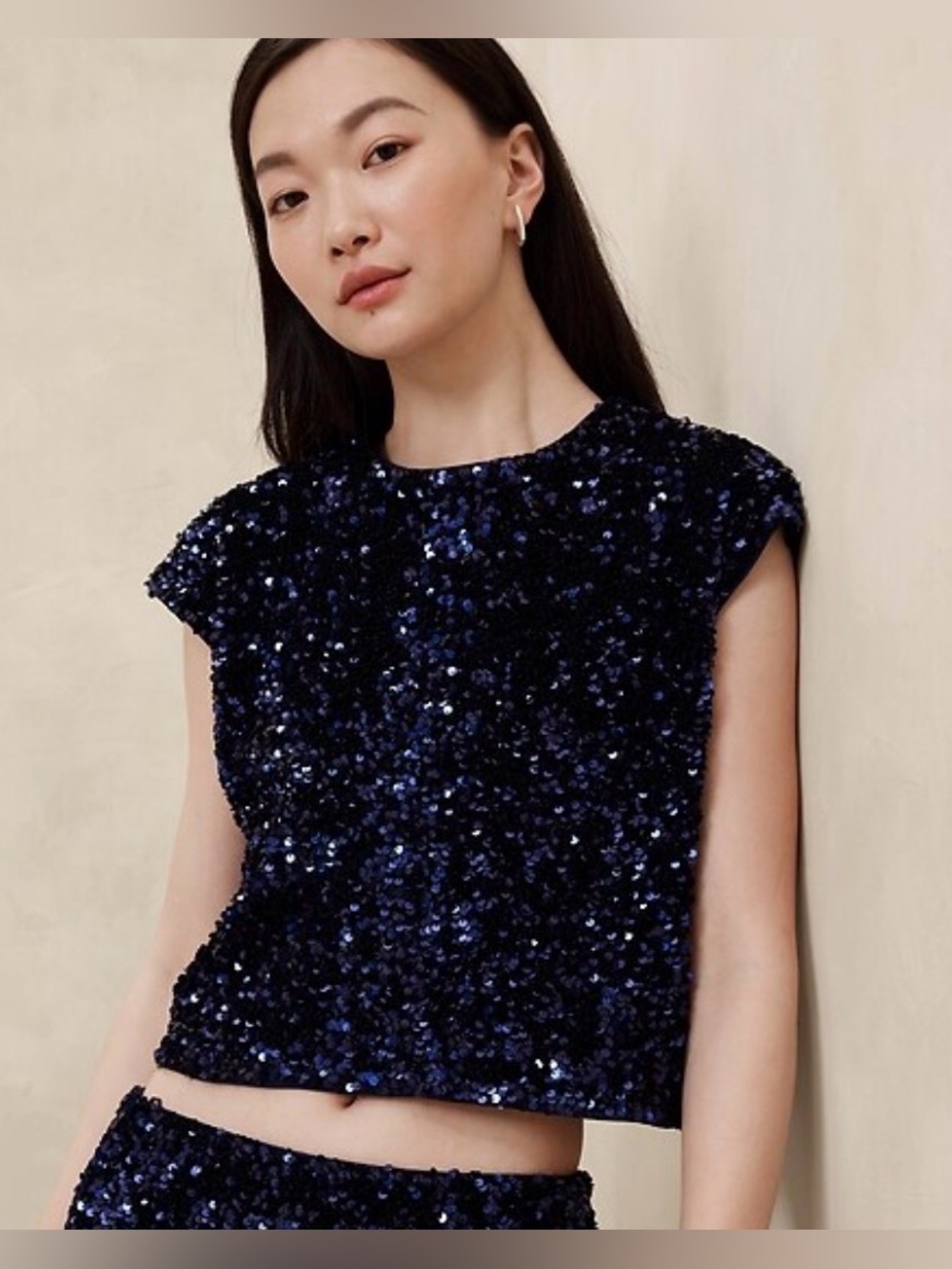 Banana Republic Navy Sequin Cap-Sleeve Crop Top